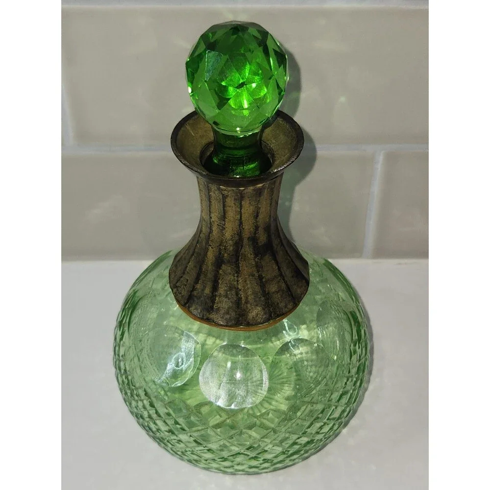 Vintage Small Green Decanter Cologne Bottle with Stopper Metal Collar Cut Glass